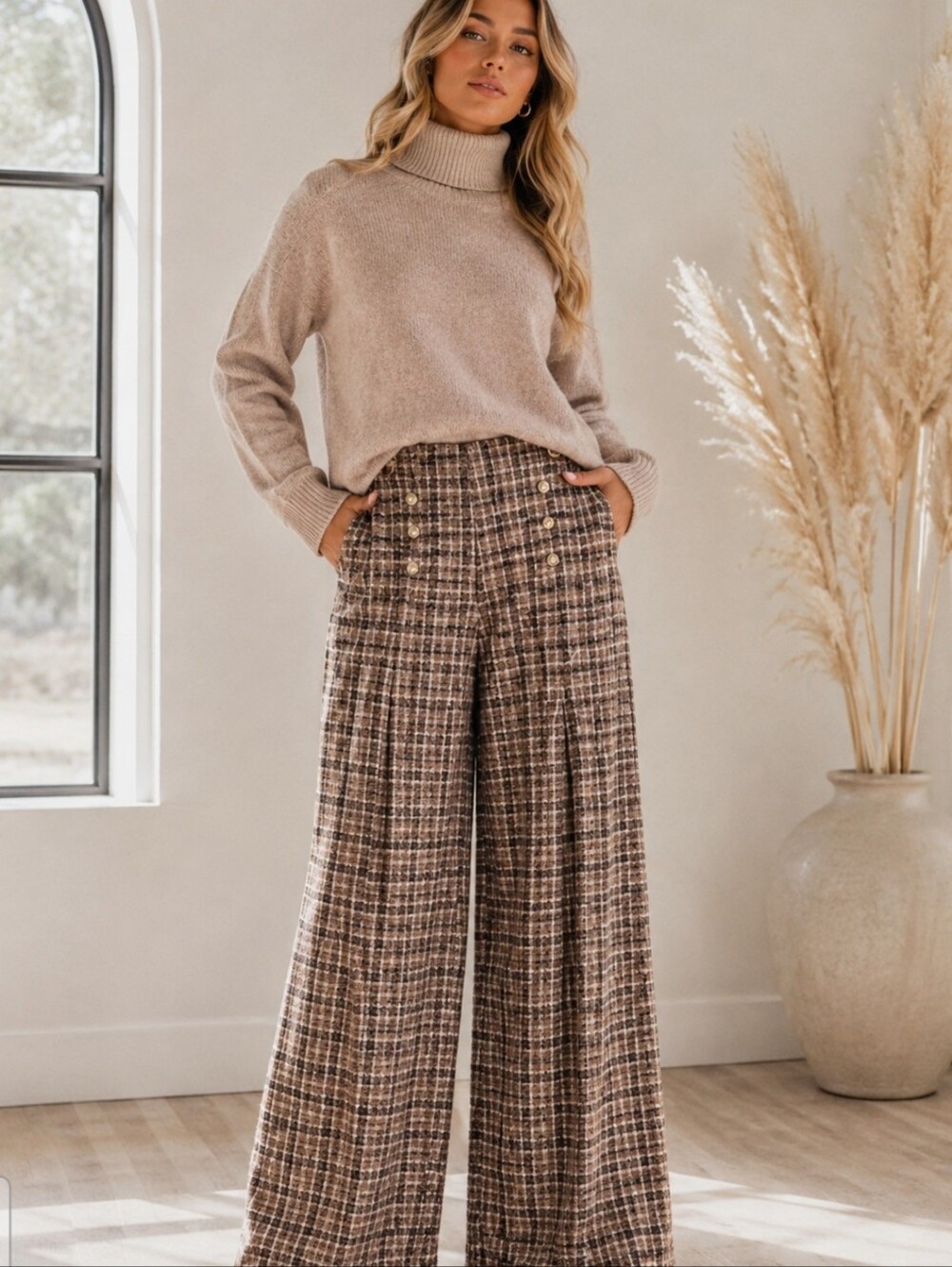Plaid Wide-Leg Bootcut Pants - Brown